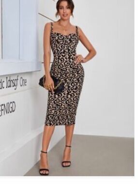 SHEIN Beige and Black Leopard-Print Bodycon Midi Dress